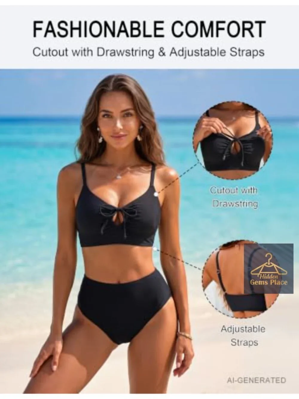 Womens Tie Front Cutout Bikini Top Adjustable Spaghetti Straps Swimwear